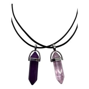 Set Of 2 Gemstones Black Leather Necklace 18"